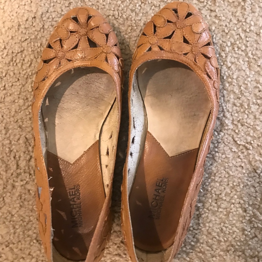 Michael Kors Women's Tan Leather Floral Cutout Ballet Flats